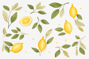 Wall Mural - A vector hand drawn Lemon leaves isolated on transparent background