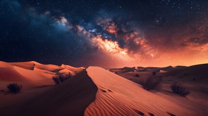 Wall Mural - Lanscape view of the desert with stars and milky way galaxy over the night sky. 