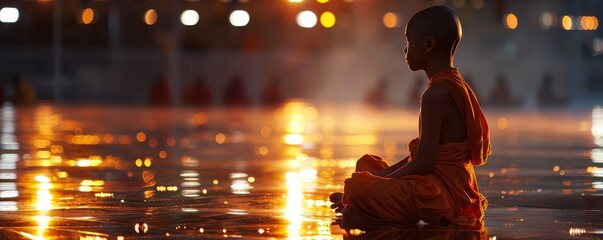 Young monk in traditional orange robes sitting in serene meditation by a vibrant wall, under a calm blue sky. Free copy space for text.