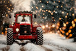 © sharafmaksumov - Vintage Red Tractor Adorned With Holiday Decorations, Parked In A Snowy Field With Evergreen Trees And Twinkling Lights In The Background, Embodying A Rustic Christmas Spirit