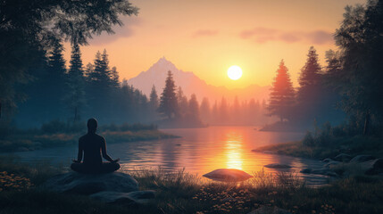 Wall Mural - Wallpaper Depicting A Tranquil Landscape With A Person Meditating At Sunrise, All Set Against A White Backdrop For A Peaceful Vibe