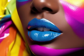 Close-up of a woman's face featuring vibrant neon makeup with bold eyeshadow and glowing lips against a white background