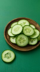 Wall Mural - Bowl Slices of cucumbers on green background 