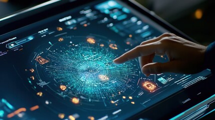 Poster - Hand Interacting with Futuristic Interface on Tablet