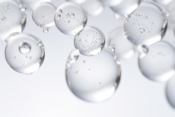 Macro shot of spherical hyaluronic acid bubbles with smooth surfaces suspended in clear gel isolated on white background