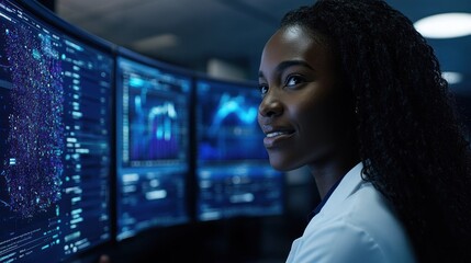 Poster - A Woman in a Lab Coat Looking at Data on Multiple Computer Monitors