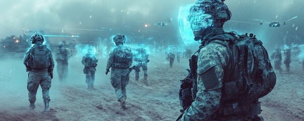 Soldiers walking in a futuristic landscape.