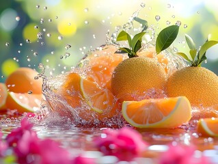 Wall Mural - Fresh oranges with water splashing around them.