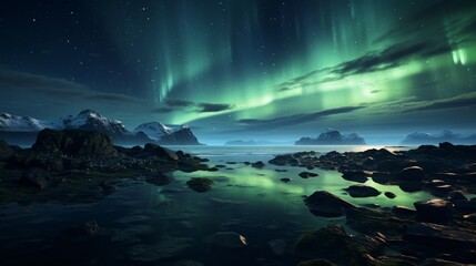 Wall Mural - a beautiful view of the northern lights over a coastal area