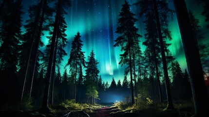 the aurora borealis creating a magical display over a forest clearing