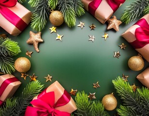  Beautiful green Christmas background with a border of fir branches, golden Christmas toys