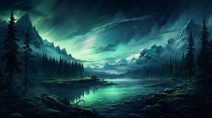 A beautiful view of northern lights over a remote forest