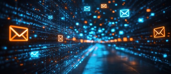 Wall Mural - abstract digital tunnel with glowing email symbols and data stream.