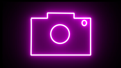 Abstract rendering glowing neon symbol of photo camera animation. Luminous signboard camera motion graphics.