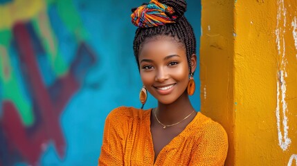 Wall Mural - Portrait of a Beautiful Black Woman with Braids and Colorful Headscarf Smiling at the Camera