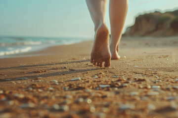 A person strolls barefoot on a sandy beach, feeling the warmth of the sand and the cool breeze from the ocean on a bright sunny day, with waves gently rolling in