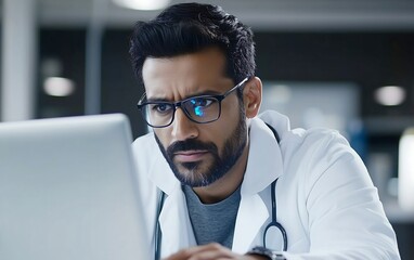 A focused doctor wearing glasses examines information on a laptop, embodying the blend of technology and healthcare in a clinical setting.