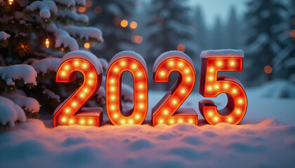 Glowing numbers 2025 stand on the snow, New Year and Christmas card