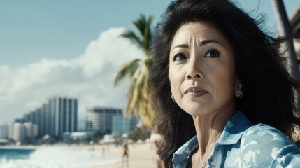 Wall Mural - Elegant woman on tropical beach with ocean waves and skyscrapers in background