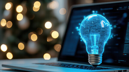 Digital Lightbulb on Laptop Keyboard   Innovation   Technology Concept