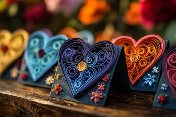 Colorful handmade paper craft hearts representing love and affection on rustic wooden surface