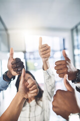 Canvas Print - Business team, hands and thumbs up in office for success, achievement and collaboration with support. Employees, trust and approval gesture in workplace for thank you, vote and company agreement