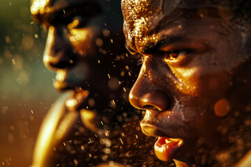 Two athletes exhibit intense focus and determination during a rigorous training session, with sunlit droplets glistening on their skin amid a competitive backdrop