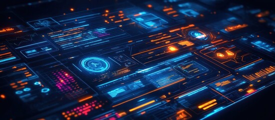Wall Mural - abstract futuristic glowing blue and orange digital interface with various data charts, graphs and i