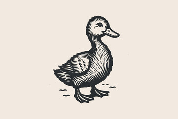 little duckling. vintage old retro vector illustration. icon, logo, emblem, ink sketch engraving	