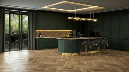 A contemporary kitchen features deep green cabinetry and stylish pendant lighting above a counter with two elegant stools, creating an inviting dining space