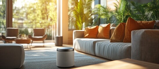 A modern living room with a couch, two chairs, a coffee table, and a smart speaker on the floor, all overlooking a lush, green outdoor space.