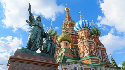 A statue in front of St. Basil's Cathedral under a blue sky with clouds.