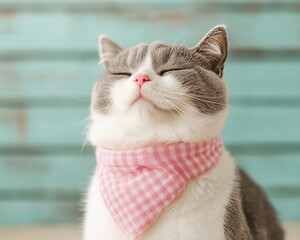 A gray and white cat wears a pink checkered scarf, appearing content with closed eyes against a light blue background.