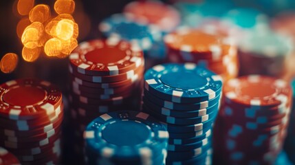 Atmospheric shot of poker chips arranged neatly, hinting at the meticulous planning and organization in casino games.