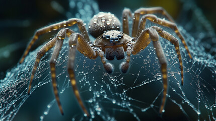 Macro Shot of Spider on Web with Dew Drops