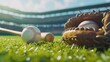 © nikomsolftwaer - Baseball arena scene with a detailed shot of baseball gear--bat, glove, and ball--on vibrant green grass, under daylight, ideal for ads