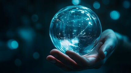Wall Mural - a hand holding a crystal sphere with a blue light pattern