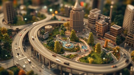 A miniature cityscape with a central park and highway overpass.