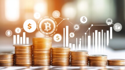 Aufkleber - Stacks of Gold Coins with Dollar and Bitcoin Symbols and Graph in the Background