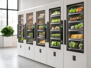 Modern vending machines display fresh produce, salads, and snacks in a bright, spacious area with large windows and green plants.