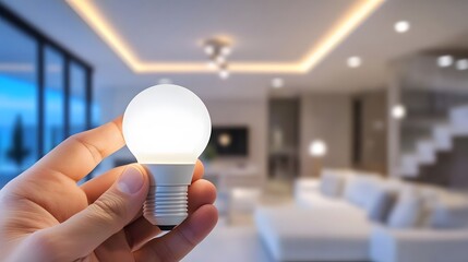 A Hand Holding a Lit LED Light Bulb in a Modern Living Room