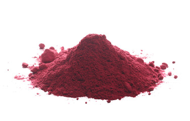 Dried beet root powder pile isolated on white background, side view