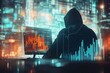 © Bit - Hacker in hoodie sitting at desktop and using laptop computer with abstract glowing and growing business graph hologram on blurry office interior background.