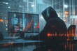 © Bit - Hacker in hoodie sitting at desktop and using laptop computer with abstract glowing and growing business graph hologram on blurry office interior background.