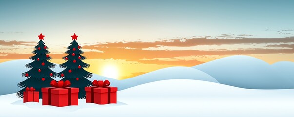 A serene winter scene featuring two Christmas trees adorned with stars, surrounded by red gifts, set against a colorful sunrise over snow-covered hills.