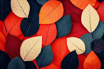 Canvas Print - Colorful autumn leaves spread across a vibrant red background