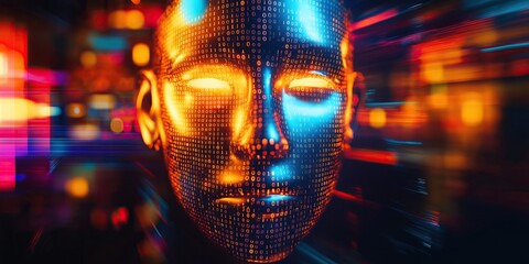futuristic tech digital face made up of glowing binary code artificial intelligence ai being