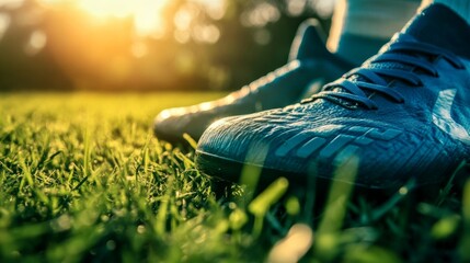 Close-up of soccer cleats on lush green grass, symbolizing the preparation and focus before stepping onto the field.