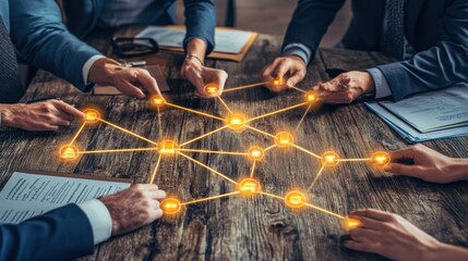 Poster - Businesspeople Connecting Networked Devices on a Wooden Table