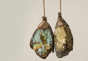 butterfly chrysalis, metamorphosis, transformation, natural cycle, hanging, delicate colors, nature 